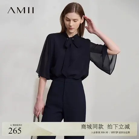 Amii2025夏新款优雅通勤小立领喇叭袖绑带双层雪纺衫女宽松上衣商品大图