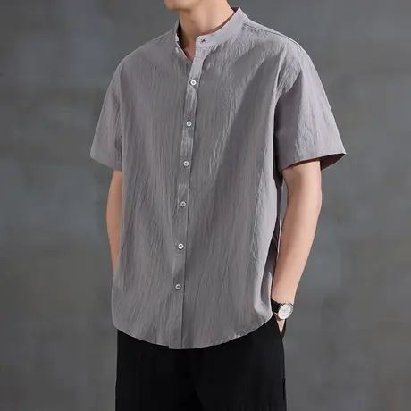 夏季新款立领男士苎麻唐装新中式短袖棉麻衬衫宽松衬衣直播外套男商品大图