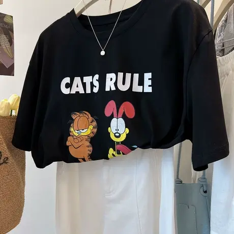 趣味卡通加菲猫印花~韩系减龄慵懒宽松休闲大版短袖T恤女夏季新图片