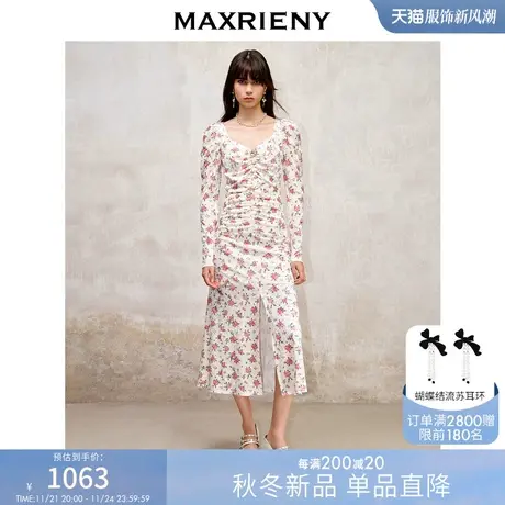 [买4免1]MAXRIENY玫瑰丝绒提花连衣裙秋冬度假仙美开叉裙子修身图片