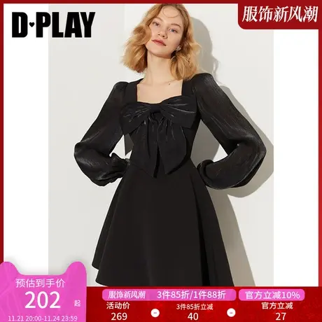 DPLAY秋装新复古法式甜美立体蝴蝶结装饰鎏光纱拼接小黑裙商品大图