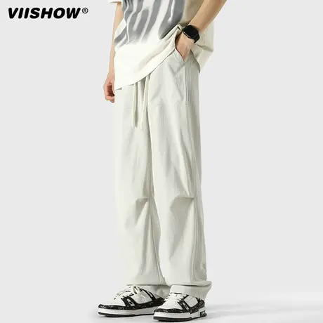 VIISHOW潮牌复古直筒垂感长裤男街头宽松百搭阔腿运动抽绳休闲裤商品大图