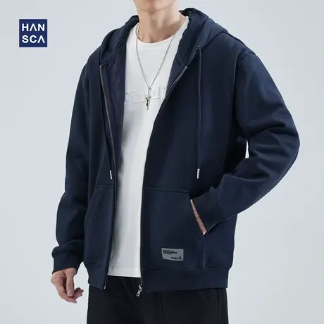 hansca春季新款纯色开衫卫衣男加绒加厚宽松潮流百搭连帽休闲外套图片