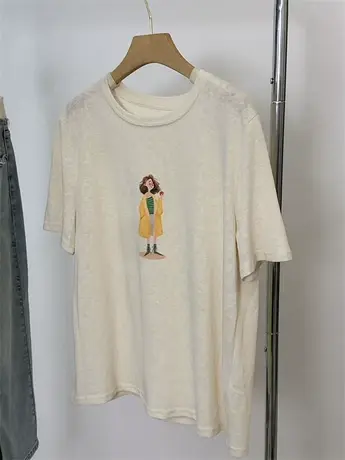 韩国棉麻夏季薄款宽松短袖T恤2024新款韩版女装简约时尚休闲印花商品大图