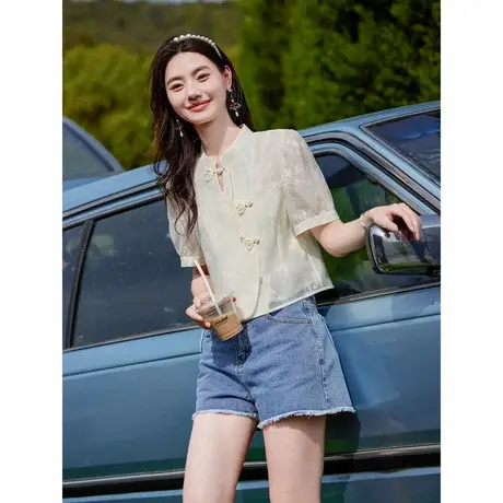 时尚气质衬衫2024年夏季新款女百搭减龄个性短款新中式T短袖上衣商品大图