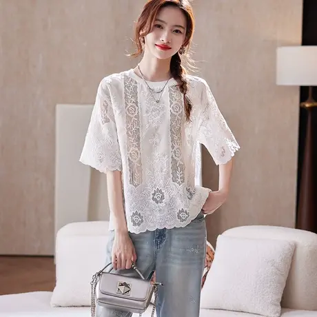 宝诗黎圆领刺绣镂空短袖T恤2025夏季韩系时尚洋气百搭减龄上衣女图片