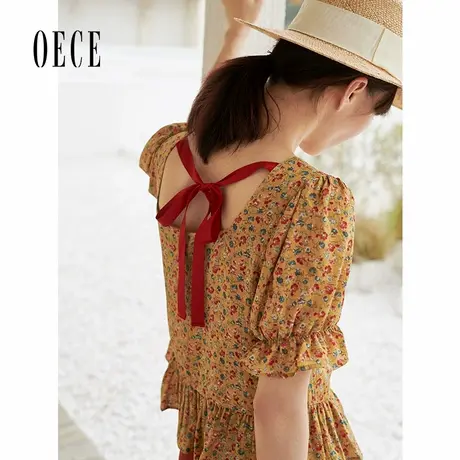Oece夏装新款小碎花衬衫复古甜美法式方领泡泡袖上衣商品大图