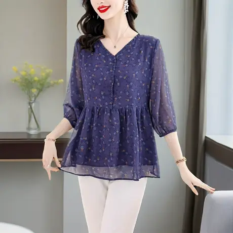 中长款雪纺衫女夏季2025新款时尚印花小衫洋气妈妈上衣显瘦遮肚子商品大图