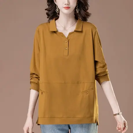 翻领长袖T恤女春秋宽松加肥加大码女装中老年妈妈休闲纯棉打底衫图片
