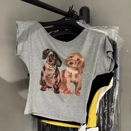 韩国东大门夏新款美式修身显瘦卡通印花一字肩短袖T恤女斜领上衣图片