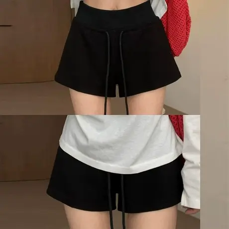 黑色运动短裤女2025夏季新款高腰宽松韩版抽绳休闲阔腿跑步热裤子商品大图