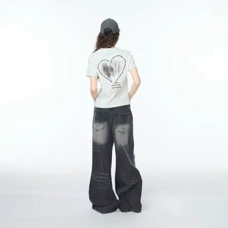 美式正肩修身短款爱心印花短袖T恤女夏街头辣妹风显瘦半袖上衣商品大图