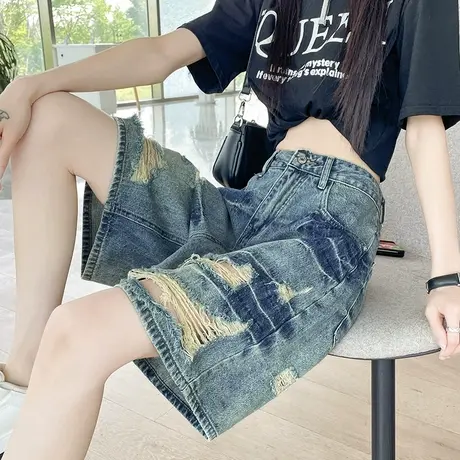 设计感破洞牛仔短裤女五分2025夏季新款高腰宽松显瘦撞色阔腿中裤商品大图