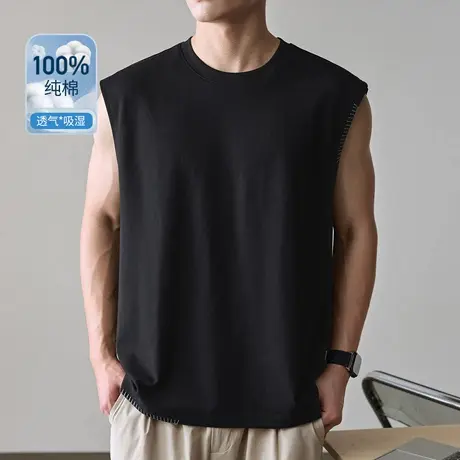 轻薄透气凉感纯棉背心T恤男士夏季新款宽松大码纯色休闲运动短袖图片