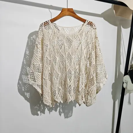 钩花针织镂空衫女夏季新款宽松显瘦波西米亚度假风披肩上衣蝙蝠衫商品大图