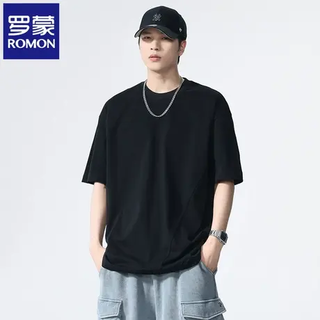 罗蒙拼接圆领休闲大码上衣男士2025夏季新款百搭纯棉半袖T恤衫N1Z图片