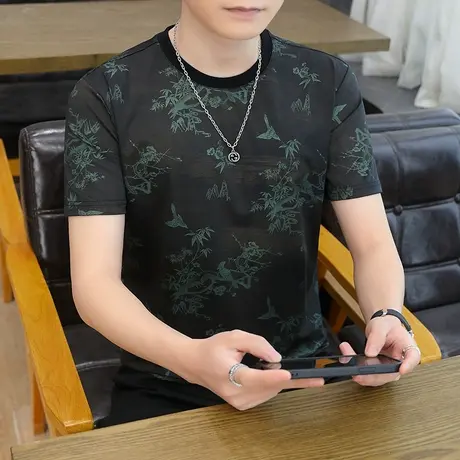 2025夏季新款男士冰丝短袖T恤衫加肥加大码速干凉感导汗半袖上衣图片