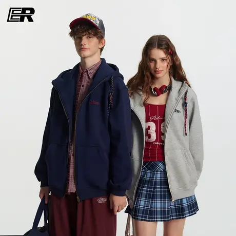 ER双拉链彩色抽绳连帽卫衣秋季oversize潮牌美式情侣装外套商品大图