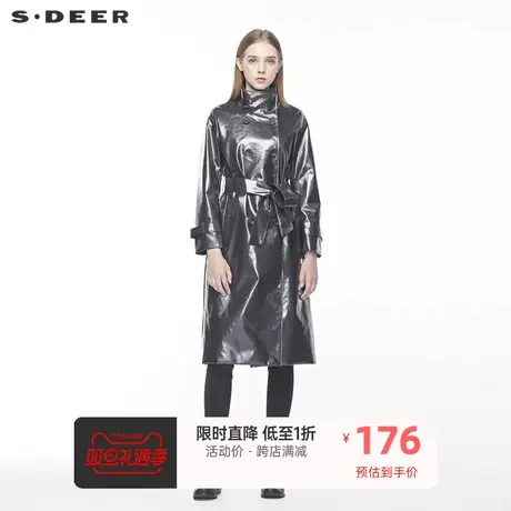 sdeer圣迪奥女装时尚个性高领双排扣抽绳收腰格纹风衣S19381863🧣商品大图