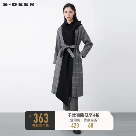 sdeer圣迪奥冬季设计感连帽格纹收腰长款毛呢大衣女S21461813🤺商品大图