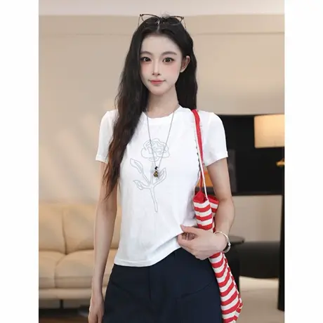 尔给夏季薄款印花设计感T恤女纯欲水溶蕾丝拼接正肩修身显瘦上衣图片