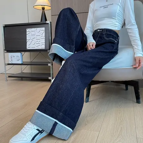 丹宁深蓝色阔腿牛仔裤女春秋季高腰宽松显瘦垂感翻边直筒拖地裤商品大图