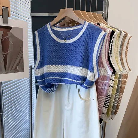 镂空条纹圆领针织衫背心女2025夏装新款宽松上衣薄款无袖t恤衫潮商品大图