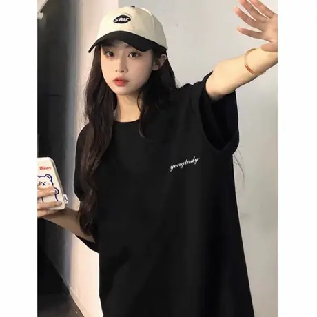 黑色夏季纯棉短袖t恤女2025新款宽松显瘦设计感夏日ootd穿搭上衣商品大图