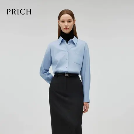 PRICH率性通勤纯色衬衫春秋新款落肩宽袖宽松翻领上衣衬衣女商品大图