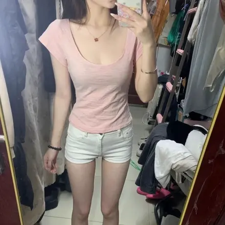 辣妹纯欲U领正肩短袖T恤女夏季韩版修身打底衫内搭竹节棉短款上衣图片