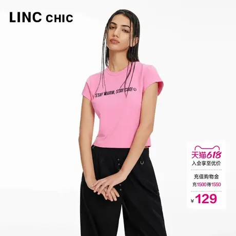 LINCCHIC金羽杰短袖上衣女紧身T型短袖圆领正肩T恤女S242TS365Y商品大图