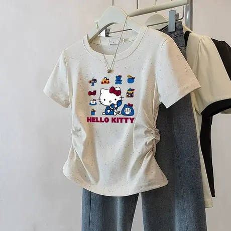 2025新款修身褶皱彩虹波点上衣潮流短款收腰t恤女短袖减龄小个子图片