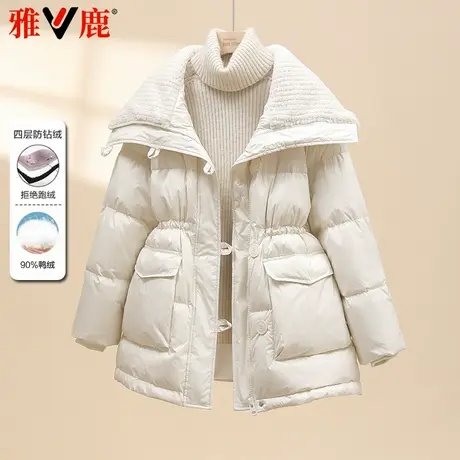 雅鹿正品2024新款羽绒服女中长款大翻领羊羔毛收腰显瘦小香风外套商品大图
