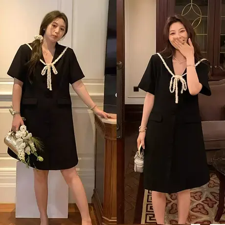 爵莱菲大码夏季新款设计感海军领胖mm复古洋气显瘦小香风连衣裙商品大图