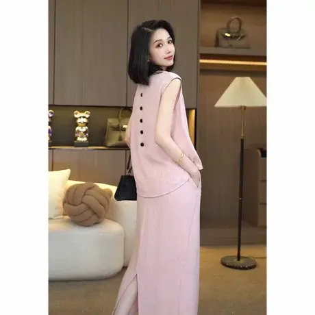 时尚套装女2025夏季款韩版宽松显瘦无袖小衫背心高腰半身裙两件套图片