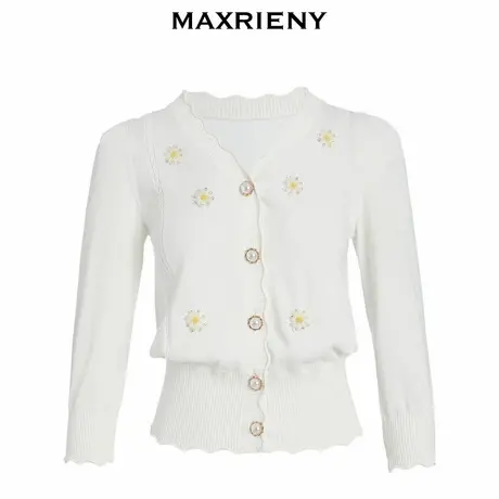 【奥莱】MAXRIENY白色V领开衫上衣女小雏菊针织外套图片