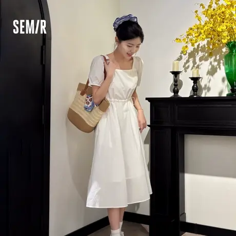 [商场同款]森马连衣裙女方领泡泡袖抽绳2024新款夏纯色中长裙温柔商品大图