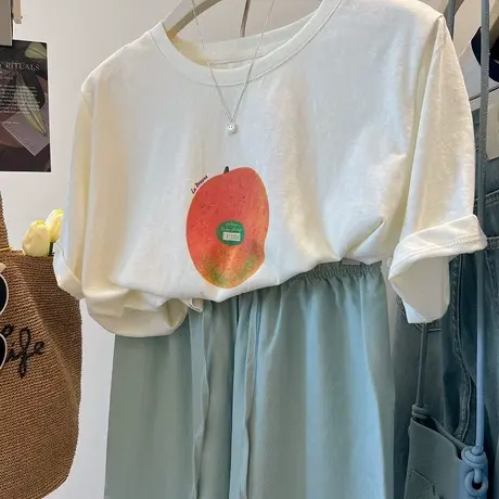 韩系ins 趣味水果印花 凉爽舒适雪花棉百搭创意减龄短袖T恤女夏图片