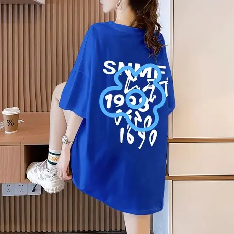 大码女装克莱因蓝短袖t恤女2023年新款夏季胖mm遮肉纯棉宽松上衣图片