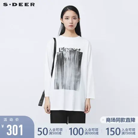 sdeer圣迪奥2021冬装新品时尚圆领字母印花长款白色T恤S21480214图片