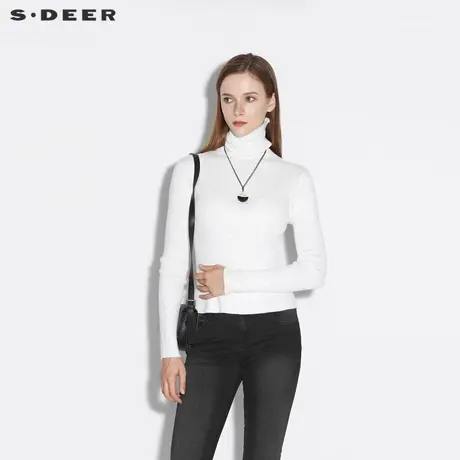 sdeer圣迪奥女装春秋装高领基本款亮珠长袖白色针织衫S21383528图片