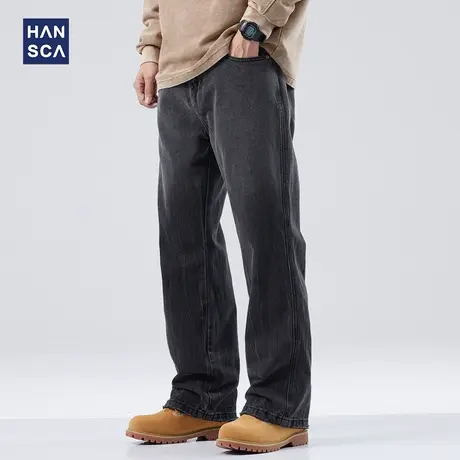 hansca渐变色牛仔裤男秋季新款美式高街水洗做旧宽松直筒微喇长裤图片