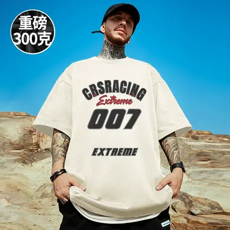 300g重磅美式字母印花短袖t恤街头大码男装杏色圆领纯棉情侣半袖商品大图