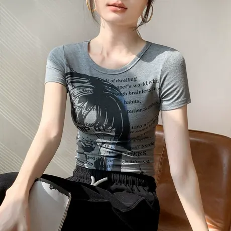 美式辣妹圆领短袖T恤女2025春季新款小众印花洋气正肩内搭打底衫商品大图