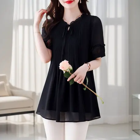 2025年夏季新款设计感胖mm雪纺衫衬衫女洋气宽松气质遮肚子中长款商品大图