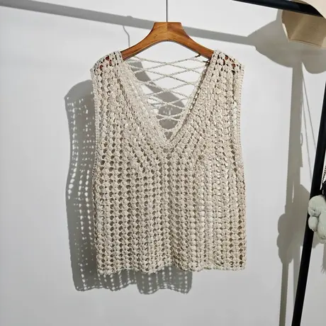勾花镂空针织背心马甲女夏季新款波西米亚度假风无袖坎肩上衣外穿商品大图