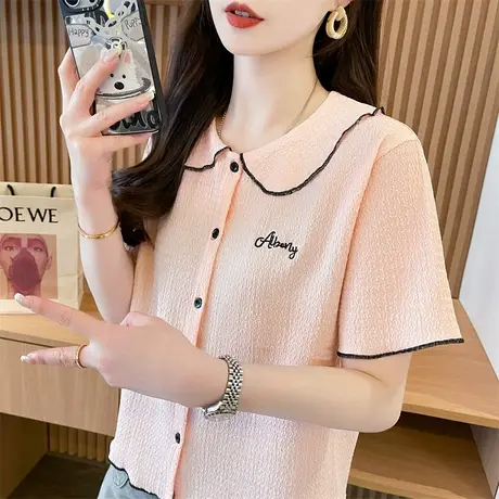 娃娃领短袖t恤女2025新款夏季韩版宽松设计感小众撞色polo领上衣图片