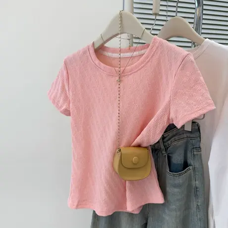 洋气时髦肌理感短袖T恤女夏季修身韩版打底衫短款正肩半袖上衣服商品大图