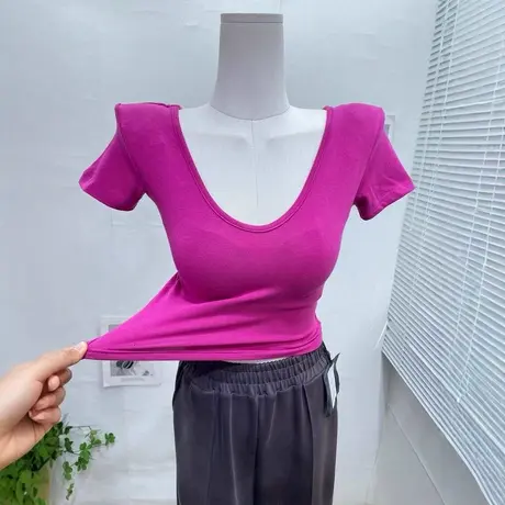 力荐~yi定要入 纯欲辣妹V领短袖T恤上衣女短款修身百搭垫肩体恤衫图片