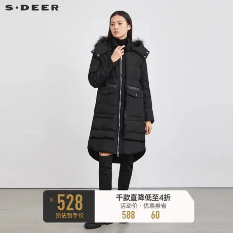 sdeer圣迪奥女装毛领连帽不规则黑色长款羽绒服女S214Z2467🚜商品大图